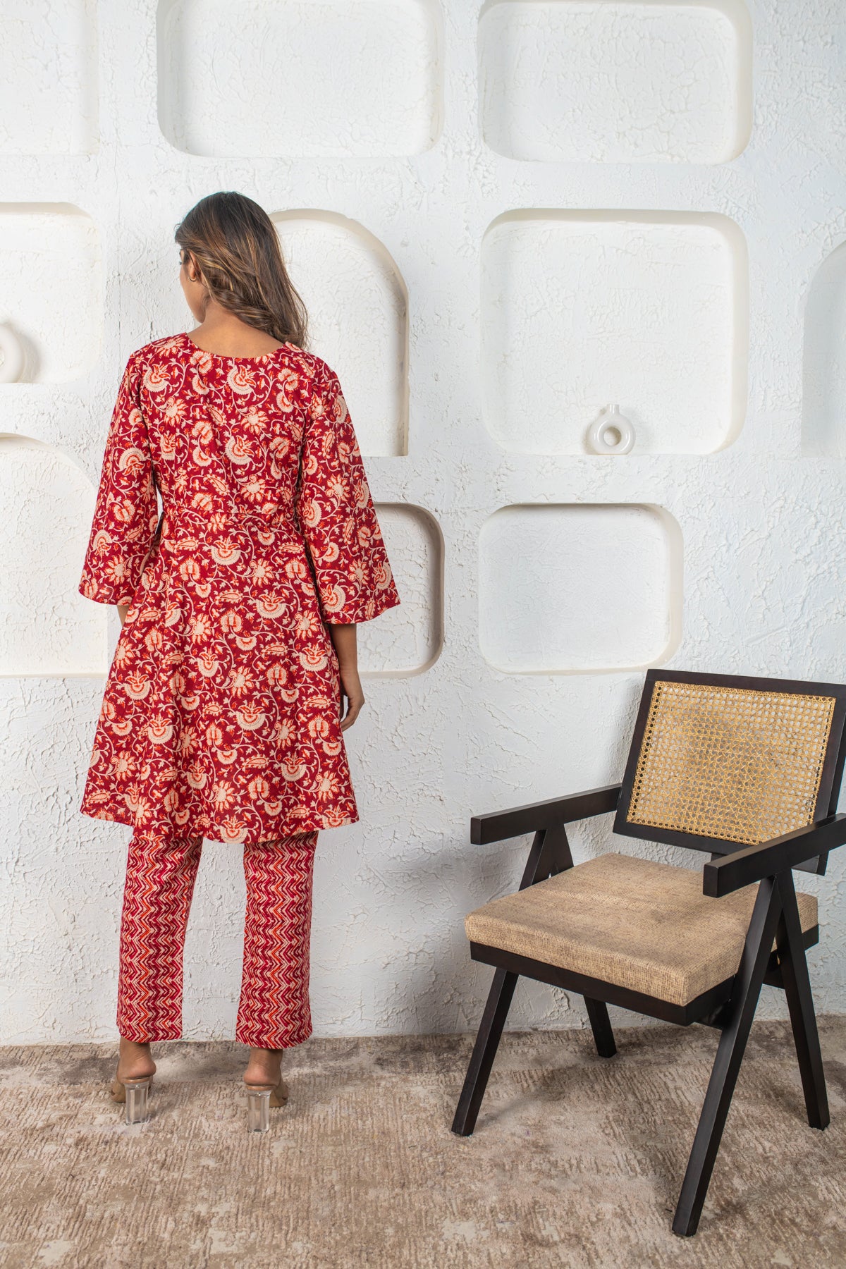 Carnation Red Cotton Kaftan Coord Set