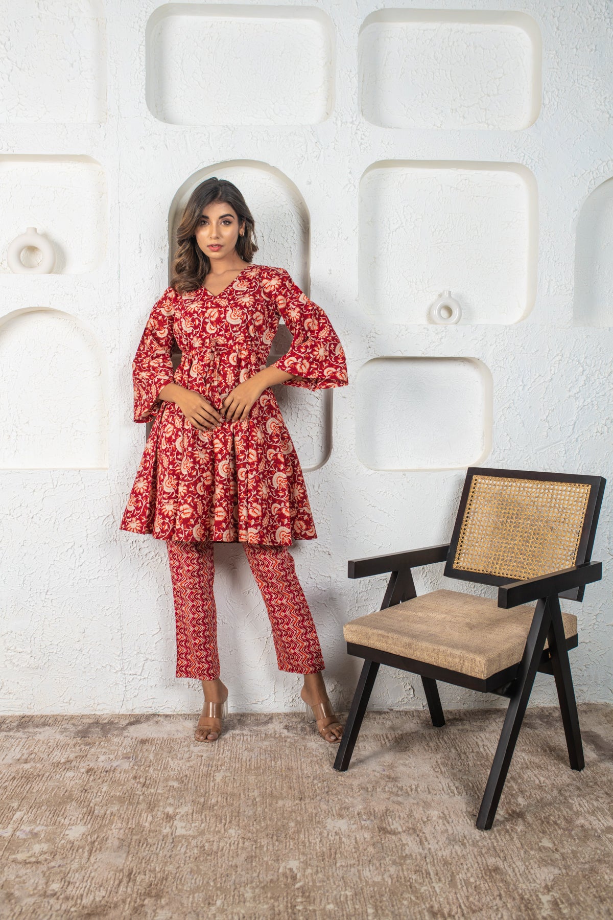 Carnation Red Cotton Kaftan Coord Set