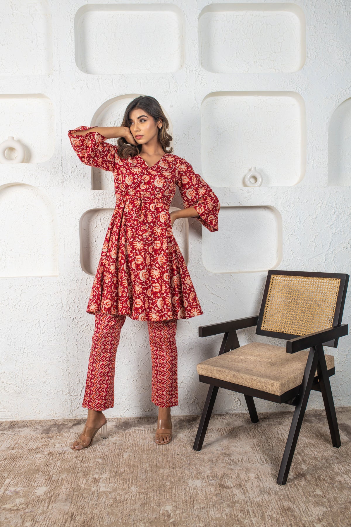 Carnation Red Cotton Kaftan Coord Set