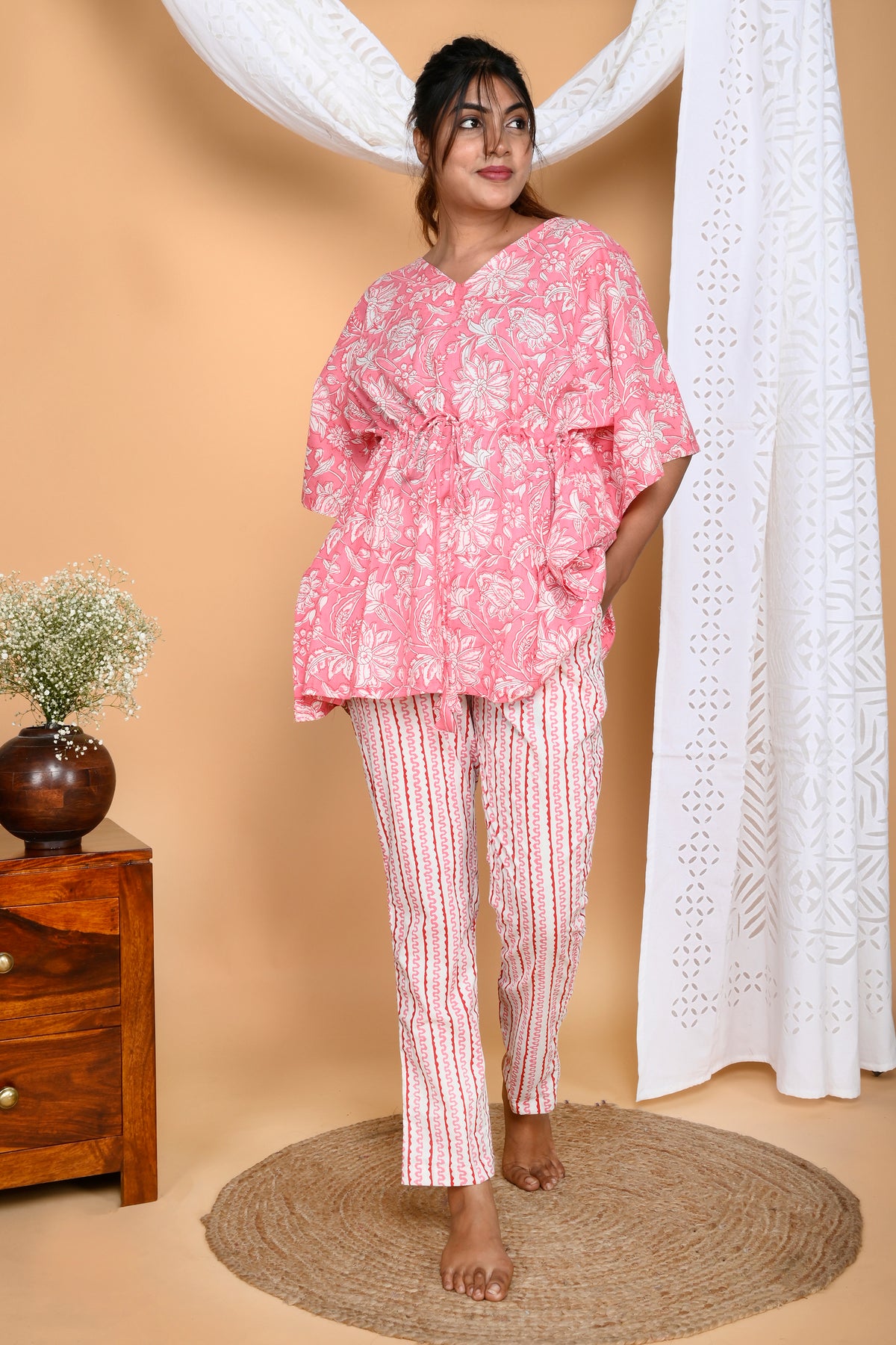 Baby Pink Floral Kaftan Pyjama Set